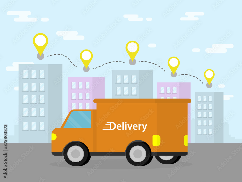 Delivery Truck with city with pin map float on top. city scape and sky background . Isometric design.  Shopping online. Transportations concept.  