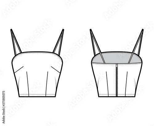 Cropped camisole top technical fashion illustration with spaghetti straps, slim fit, back zip fastening. Flat outwear tank apparel template front, back, white color. Women, men, unisex CAD mockup
