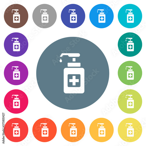 Hand sanitizer flat white icons on round color backgrounds photo