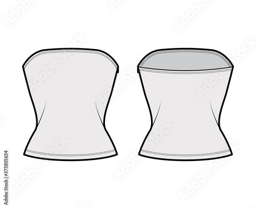 Tube top technical fashion illustration with side zip fastening, fitted body, round neckline. Flat bra swimwear lingerie apparel template front back grey color. Women men unisex underwear CAD mockup
