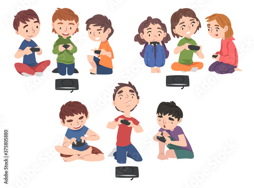 Boys and Girls Playing Video Games Set  Children Having Fun with Computer Gaming with Joysticks Cartoon Style Vector Illustration