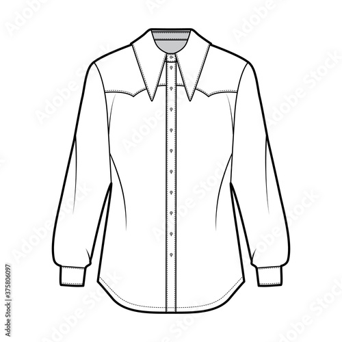 Western-inspired shirt technical fashion illustration with long sleeves with cuff, front button-fastening, exaggerated point collar. Flat template front white color. Women men unisex top CAD mockup