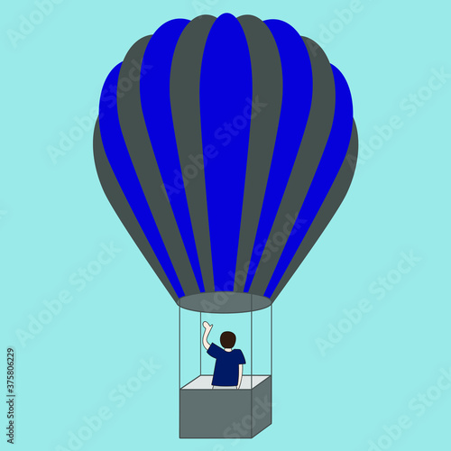 A man flies away in a balloon and waves his hand