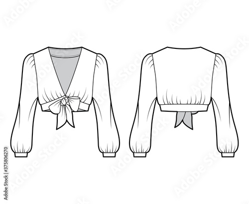 Tie-front cropped shirt technical fashion illustration with voluminous long sleeves, plunging neckline. Flat blouse apparel template front, back, white color. Women, men, unisex top CAD mockup. 