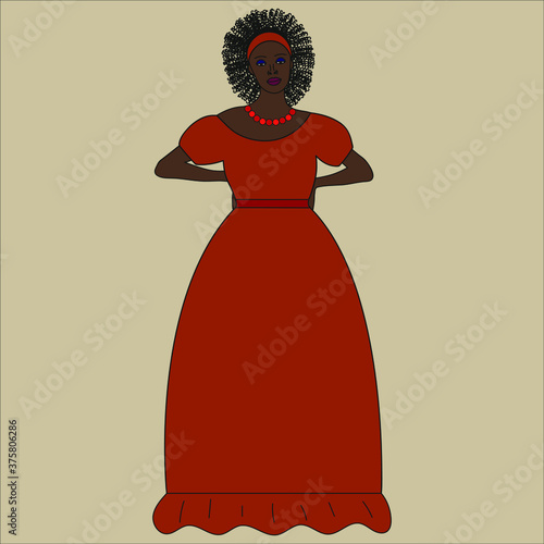 Dark-skinned woman in a long dress on a beige background