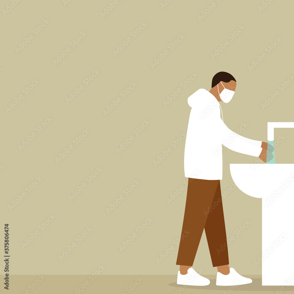 Male character in medical mask washes his hands Male character in medical mask washes his hands