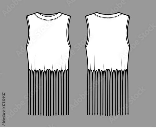 Fringed cotton-jersey top technical fashion illustration with scoop neck, sleeveless, above-the-knee length, oversized. Flat apparel template front, back, white color. Women, men unisex top CAD mockup