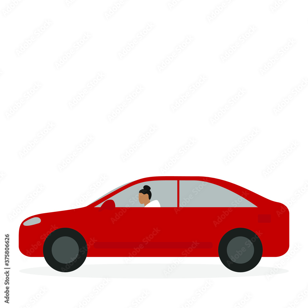 Female character in a red car on a white background