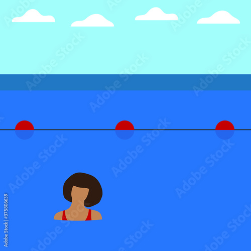 Female character in a swimsuit in the water in front of the buoys