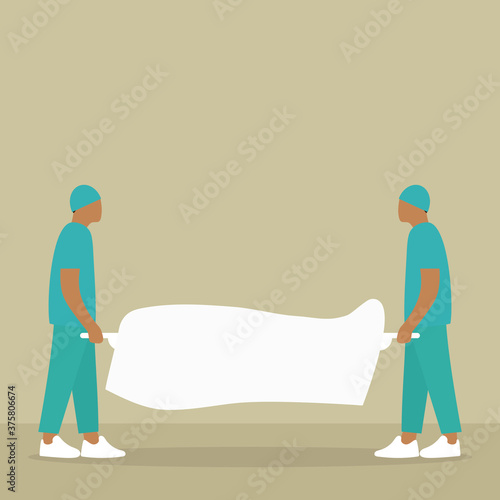 Two male orderlies carry a sheet covered stretcher