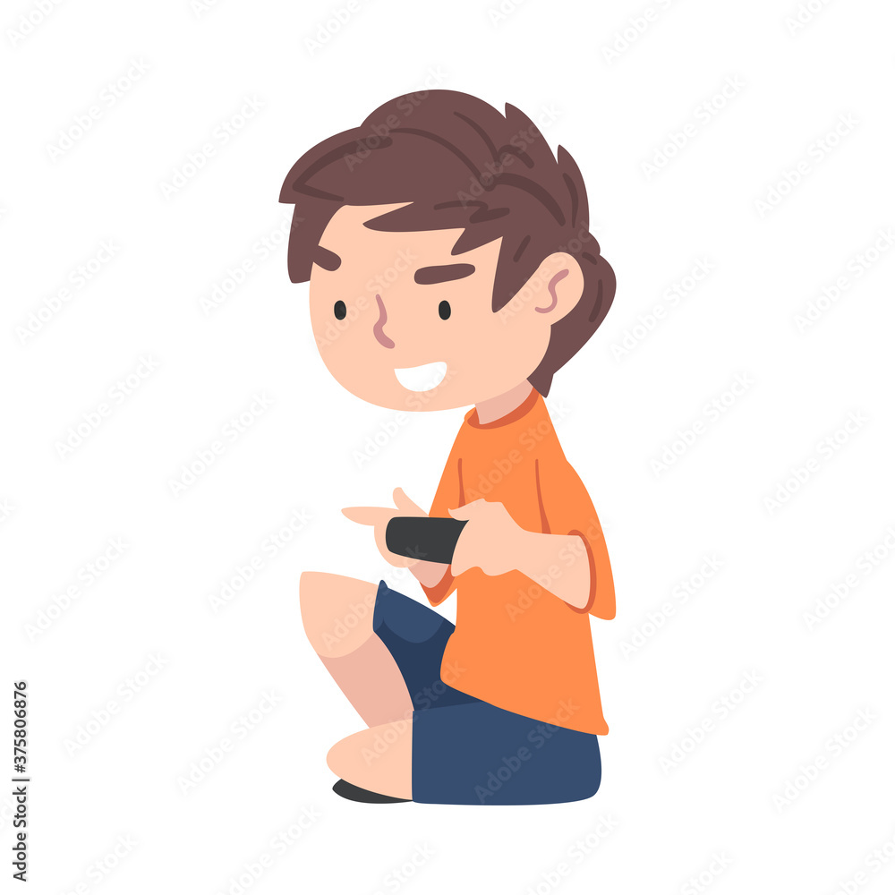 Excited Boy Playing Video Games on the Game Console, Teenage Kid Holding Controller Cartoon Style Vector Illustration Excited Boy Playing Video Games on the Game Console, Teenage Kid Holding Controller Cartoon Style Vector Illustration