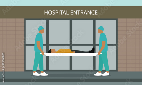 Two orderlies are holding a stretcher with a female character near the hospital entrance