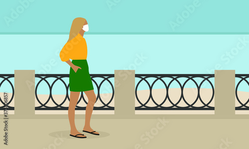 Female character walks along the promenade in a medical mask