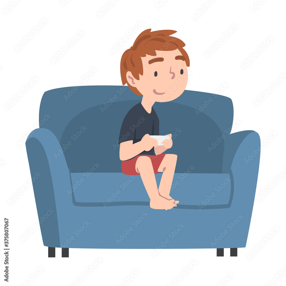 Cute Boy Sitting on Armchair with Joystick, Teenage Kid Playing Video Computer Game Cartoon Style Vector Illustration Isolated on White Background Cute Boy Sitting on Armchair with Joystick, Teenage Kid Playing Video Computer Game Cartoon Style Vector Illustration Isolated on White Background