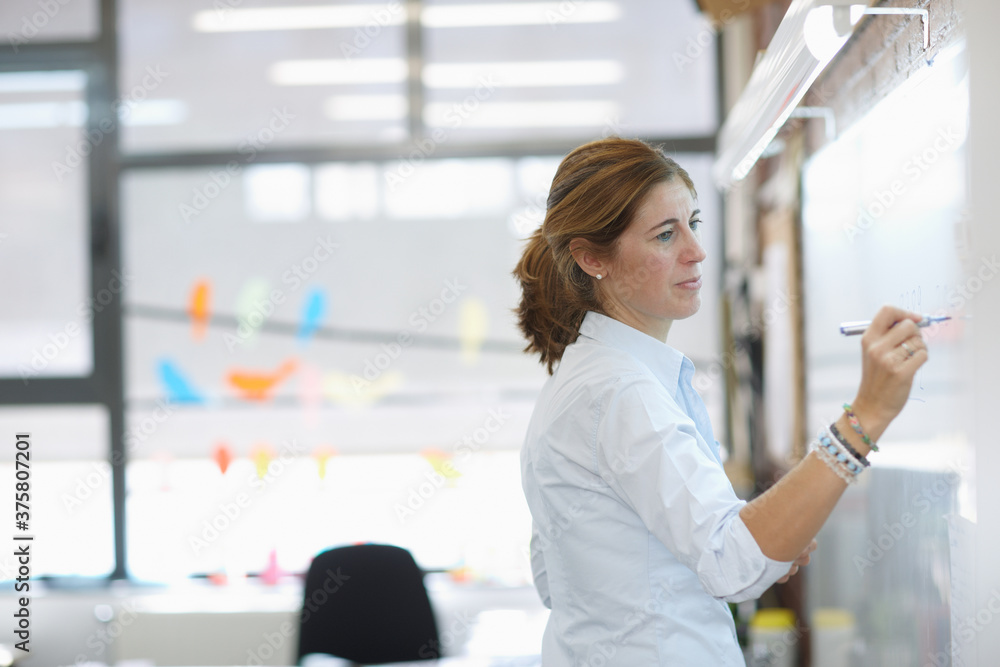 © MIQUEL LLONCH/Stocksy - Woman writing on a whiteboard at work