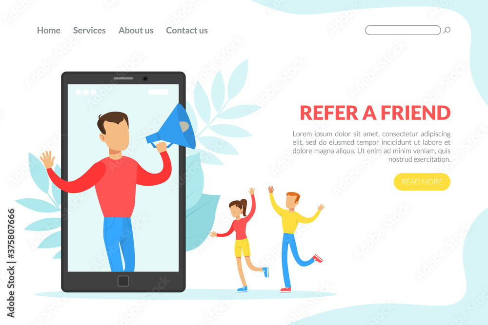 Refer a Friend Landing Page Template, Man Shouting on Megaphone, Social Media Marketing Concept Flat Vector Illustration Refer a Friend Landing Page Template, Man Shouting on Megaphone, Social Media Marketing Concept Flat Vector Illustration