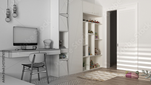 Architect interior designer concept: unfinished project that becomes real, minimalist children bedroom, parquet floor, desk, chair, cabinets with toys and decors, design concept idea © ArchiVIZ