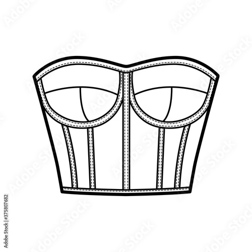 Corset-style bustier top technical fashion illustration with molded cups, close fit, back zip fastening, cropped length. Flat apparel template front, white color. Women men unisex shirt CAD mockup