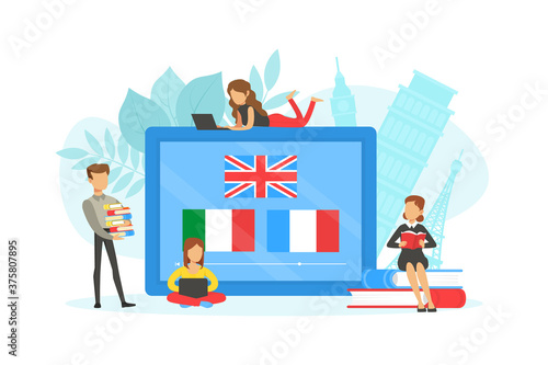 Tiny People Learning Language over Internet, Online Language School Flat Vector Illustration