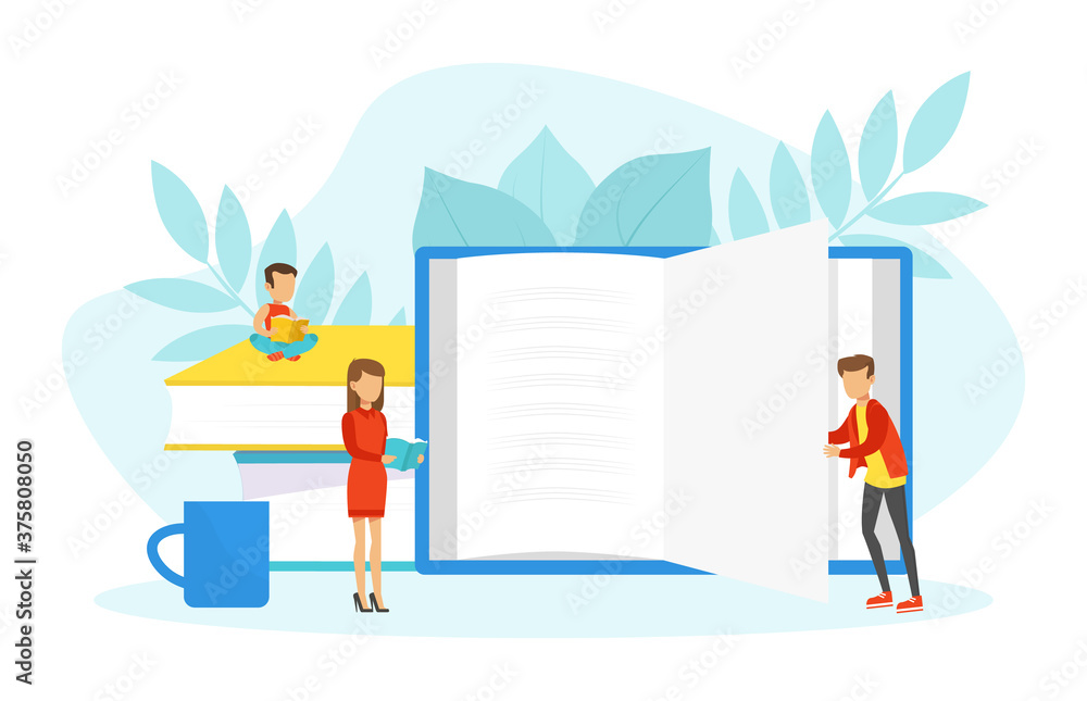 Tiny People Reading Huge Book, Library, Education, Knowledge, Studying and Literature Concept Cartoon Vector Illustration Tiny People Reading Huge Book, Library, Education, Knowledge, Studying and Literature Concept Cartoon Vector Illustration