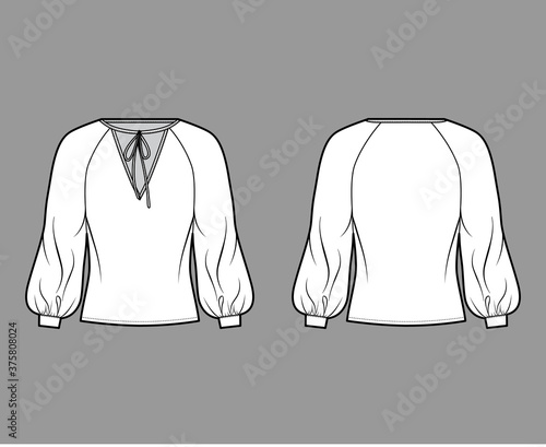 Tie-detailed neckline blouse technical fashion illustration with long raglan bishop sleeves, oversized, elongated hem. Flat apparel shirt template front back white color. Women, unisex top CAD mockup