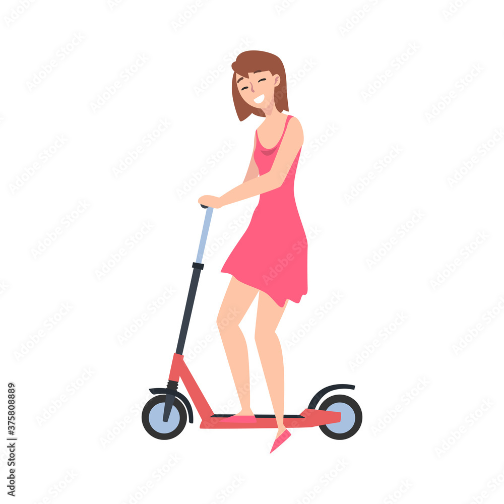 Smiling Girl in Pink Dress Riding Kick Scooter, Active Healthy Lifestyle, Eco Friendly Transport Concept Cartoon Style Vector Illustration Smiling Girl in Pink Dress Riding Kick Scooter, Active Healthy Lifestyle, Eco Friendly Transport Concept Cartoon Style Vector Illustration