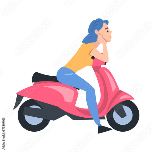 Young Woman Sitting on Scooter  Side View of Cheerful Girl Driving Motorbike Cartoon Style Vector Illustration