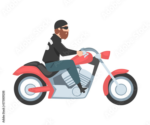Bearded Man Riding Motorcycle, Side View of Male Biker Character Driving Red Chopper Cartoon Style Vector Illustration