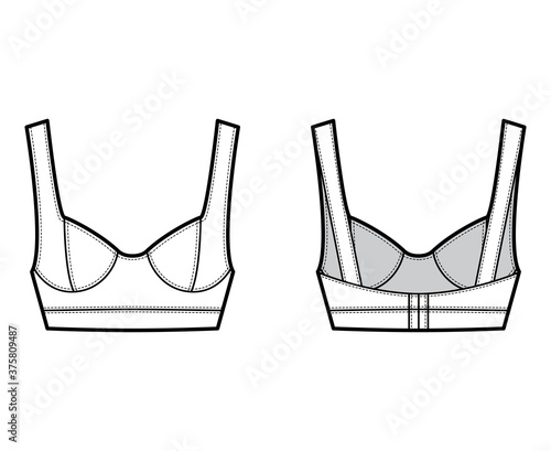 Jewel cropped bustier top technical fashion illustration with wide shoulder strap, flattering curved molded cups, close fit. Flat template front, back, white color. Women men unisex shirt CAD mockup