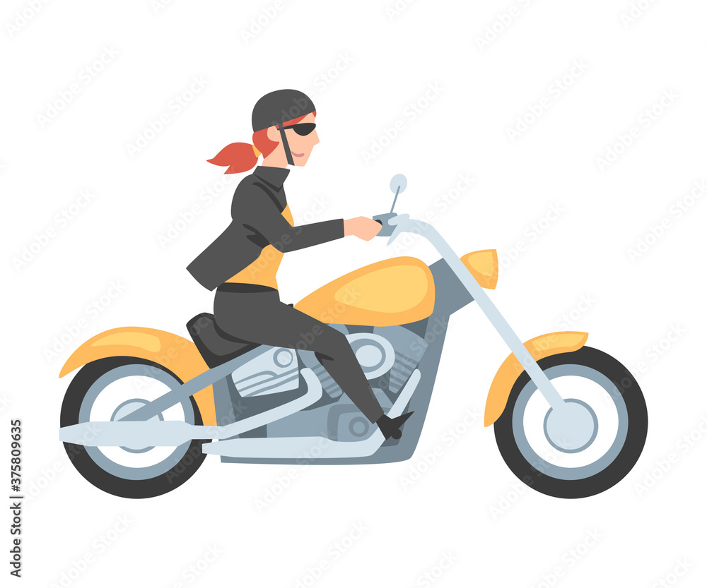 Young Woman Riding Motorcycle, Side View of Girl Biker Character in Helmet Driving Yellow Motorbike Cartoon Style Vector Illustration Young Woman Riding Motorcycle, Side View of Girl Biker Character in Helmet Driving Yellow Motorbike Cartoon Style Vector Illustration