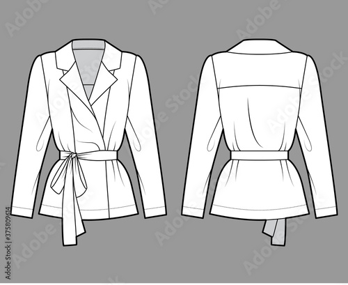 Belted double-breasted wrap shirt technical fashion illustration with relaxed fit pointed notch collar, long sleeves. Flat apparel template front back white color. Women men unisex blazer CAD mockup