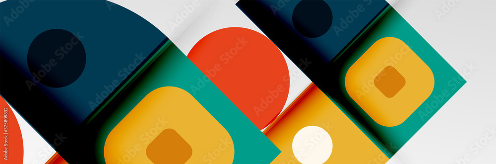 Bright color circles, abstract round shapes and triangles composition with shadow effects. Vector modern geometric design template Bright color circles, abstract round shapes and triangles composition with shadow effects. Vector modern geometric design template