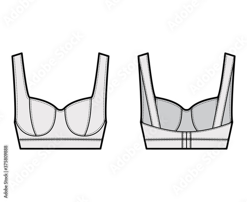 Jewel cropped bustier top technical fashion illustration with wide shoulder strap, flattering curved molded cups, close fit. Flat apparel template front, back grey color. Women unisex shirt CAD mockup