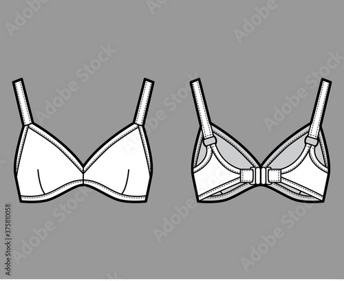 Bustier top bralette technical fashion illustration with adjustable thick straps, clasp fastening at back. Flat bra swimwear lingerie template front, white color. Women men unisex underwear CAD mockup