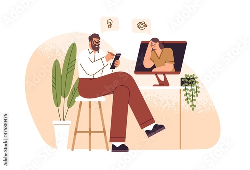 Male psychologist consulting female patient online vector flat illustration. Psychoanalyst sitting in front of computer and making notes isolated. Psychology aid to woman with mental disorder