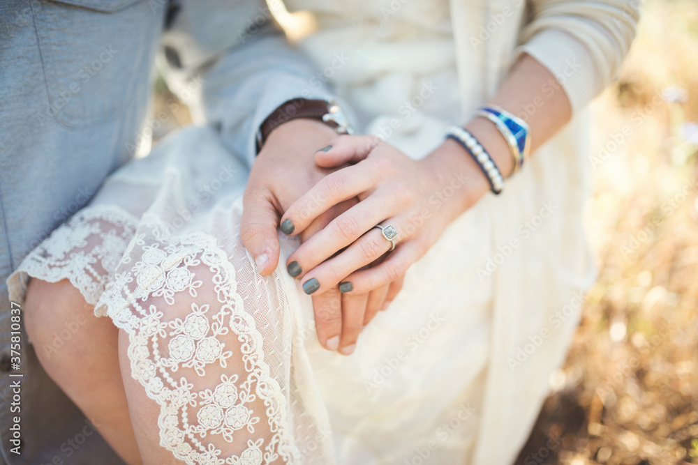 Detail shot of an engagement ring on a hand Detail shot of an engagement ring on a hand