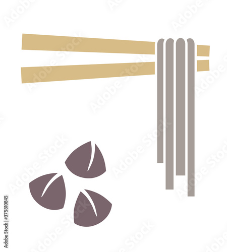 Japanese soba noodle with chopstick and buckwheat color vector illustration