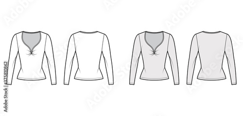 Cotton-jersey top technical fashion illustration with plunging gathered V- neckline, long sleeves, slim fit. Flat apparel blouse template front, back, white, grey color. Women, men shirt CAD mockup