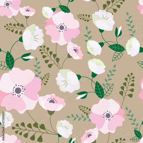 Pink and white flowers texture vector seamless pattern