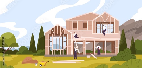 Group of male workers constructing cottage vector flat illustration. Team of builders in uniform making construction work use equipment at natural landscape. Professional repairman at house building