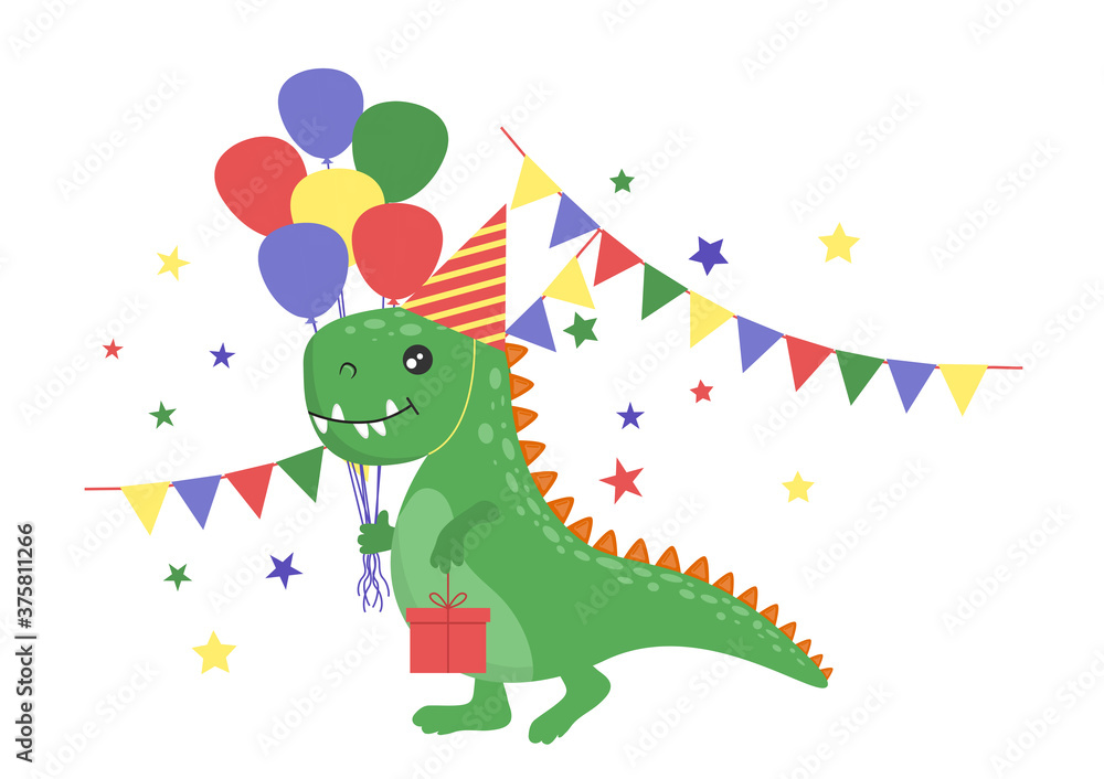 Fototapeta premium Happy Birthday with a funny dinosaur. Dinosaur with a gift in pastel colors. Vector illustration for cards, banners, posters.