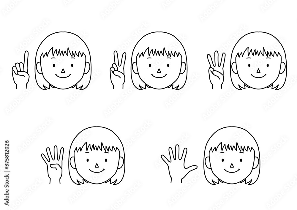 Set of illustrations of girl who expressing the numbers 1 to 5 with hand signs Set of illustrations of girl who expressing the numbers 1 to 5 with hand signs
