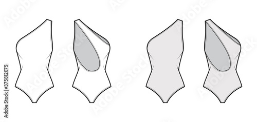 One-shoulder stretch bodysuit technical fashion illustration with open scooped back, medium brief coverage. Flat one-piece apparel template front white grey color. Women men unisex swimsuit CAD mockup photo