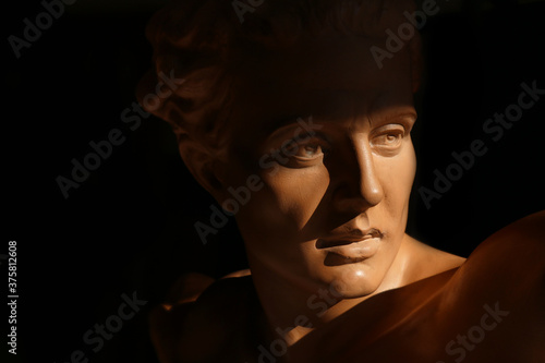 Ritratto di giovane uomo, primo piano di testa in terracotta di provenienza europea, scultura su fondo scuro con spazio per testo  © Enzo Pancaldi