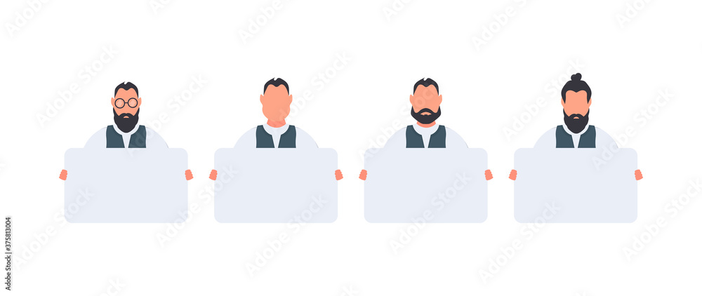 Set of Men holding a blank banner isolated on white background. Businessman. Blank poster with place for text. The guy shows the poster. Vector. Set of Men holding a blank banner isolated on white background. Businessman. Blank poster with place for text. The guy shows the poster. Vector.
