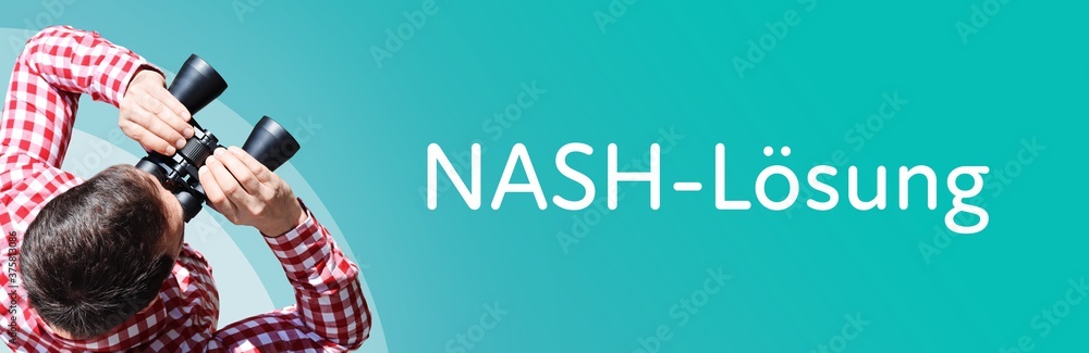 Naklejka premium NASH-Lösung. Mann bei Beobachtung mit Fernglas. Fokus auf Text/Wort. Panorama Format. Hintergrund blau/türkis.