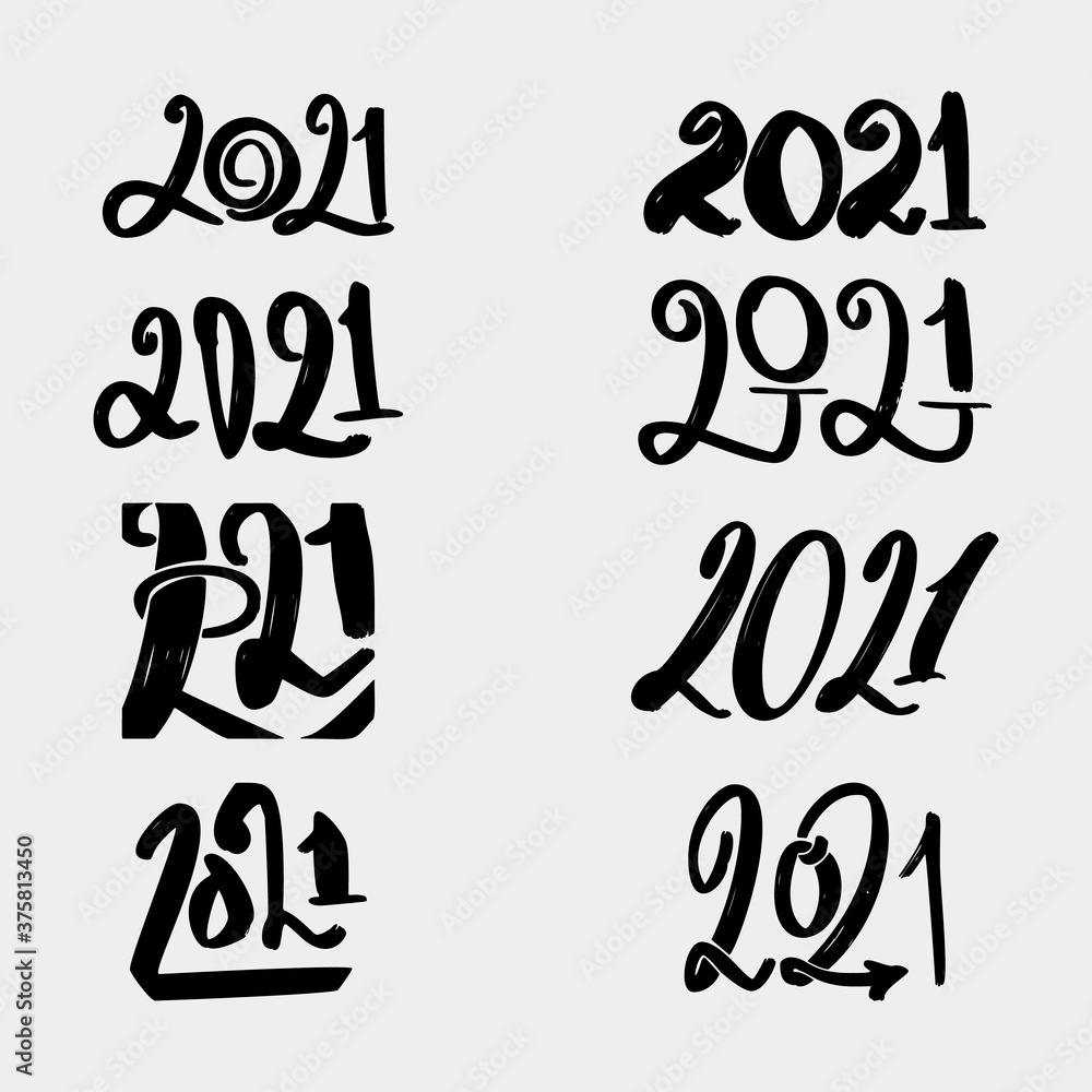 Handmade signs and logos calligraphy lettering set of 2021 happy new year date Handmade signs and logos calligraphy lettering set of 2021 happy new year date