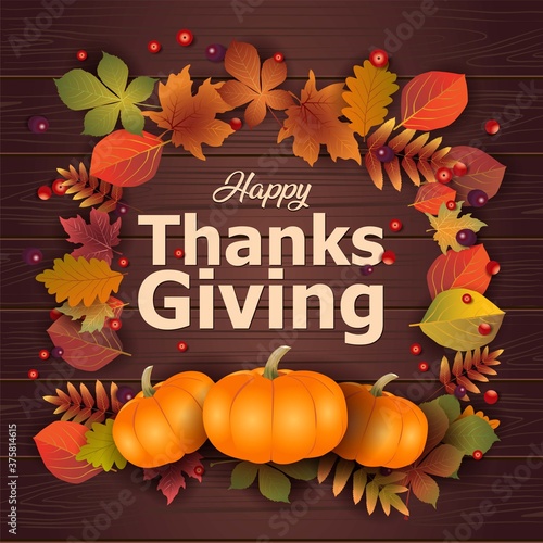 Happy thanksgiving greeting design with pumpkin and autumn leaves. vector illustration 