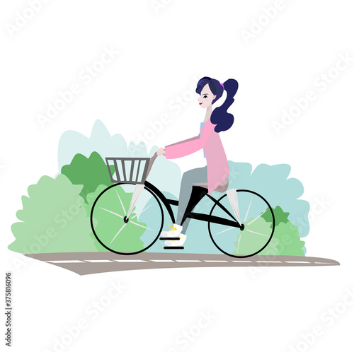 Fototapeta Naklejka Na Ścianę i Meble -  Illustration long haired woman wearing a pink coat is cycling on the road. Garden  background.