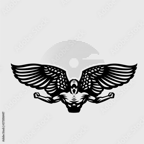 A male angel flaps large wings